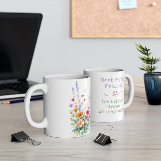 Floral Ceramic Mug — Best Work Friend | Heartwarming Coworker Gift (11oz & 15oz)