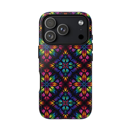 iPhone 16 and 17 - Stained Glass Kaleidoscope Tough Phone Case — Colorful Floral Protective Cover