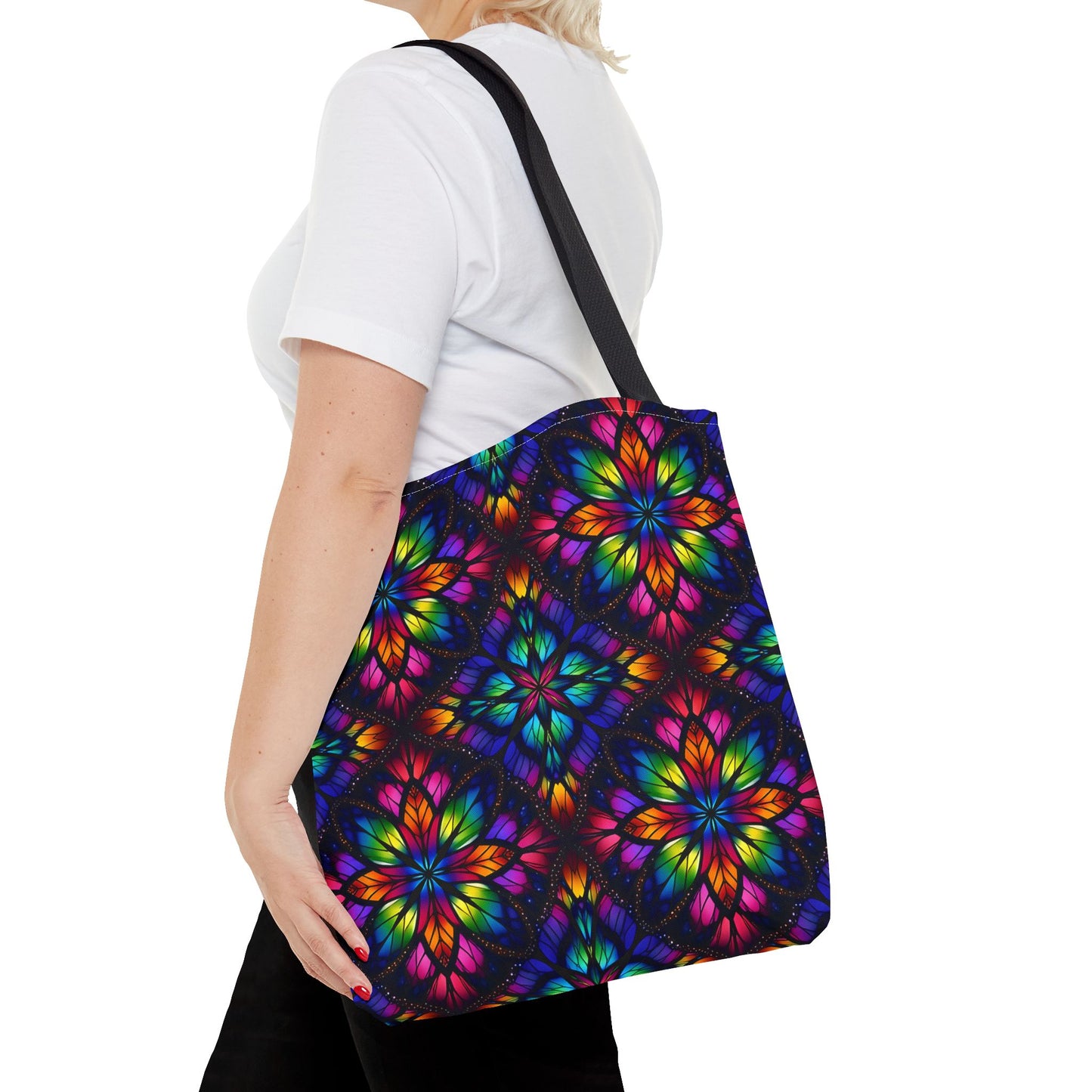 Kaleidoscope Floral Tote Bag — Vibrant Rainbow Boho All-Over Print
