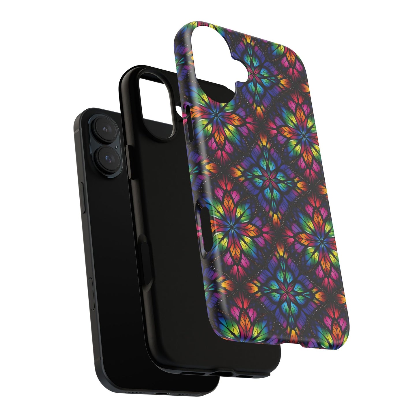 iPhone 16 and 17 - Stained Glass Kaleidoscope Tough Phone Case — Colorful Floral Protective Cover