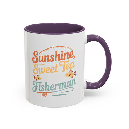 Ceramic Coffee Mug — "Sunshine, Sweet Tea, and my Fisherman" Retro Fishing Accent Mug