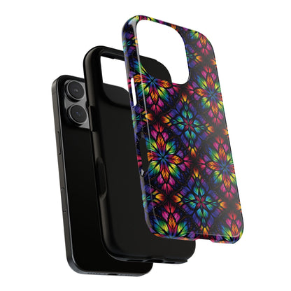 iPhone 16 and 17 - Stained Glass Kaleidoscope Tough Phone Case — Colorful Floral Protective Cover