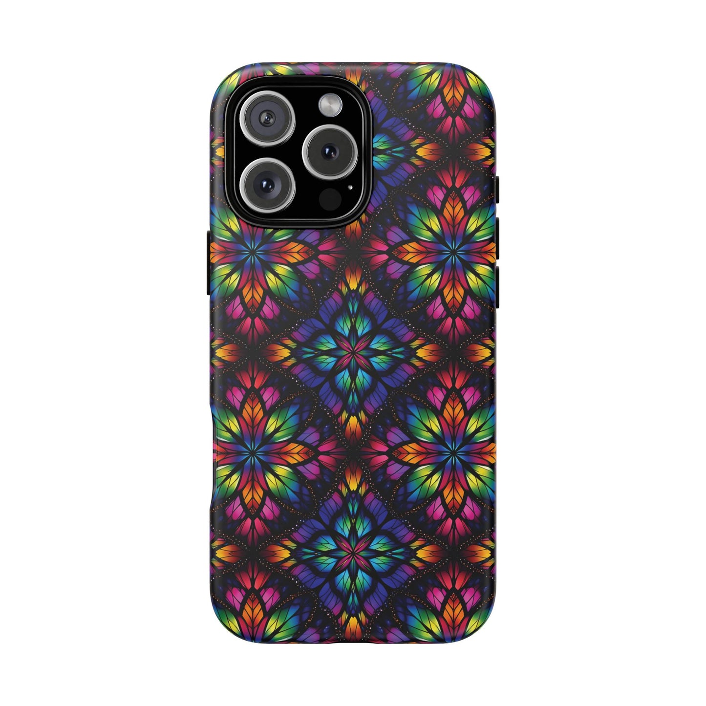 iPhone 16 and 17 - Stained Glass Kaleidoscope Tough Phone Case — Colorful Floral Protective Cover