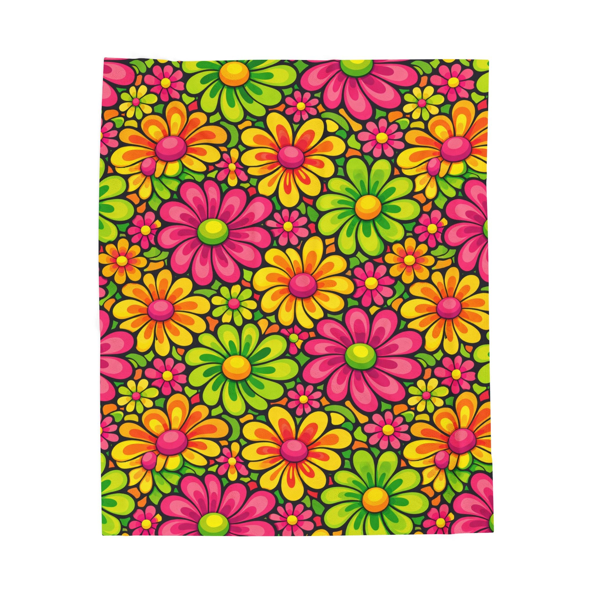 Velveteen Plush Blanket — Retro Neon Floral Daisy Throw