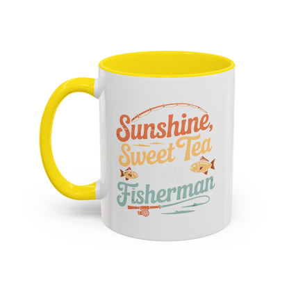 Ceramic Coffee Mug — "Sunshine, Sweet Tea, and my Fisherman" Retro Fishing Accent Mug