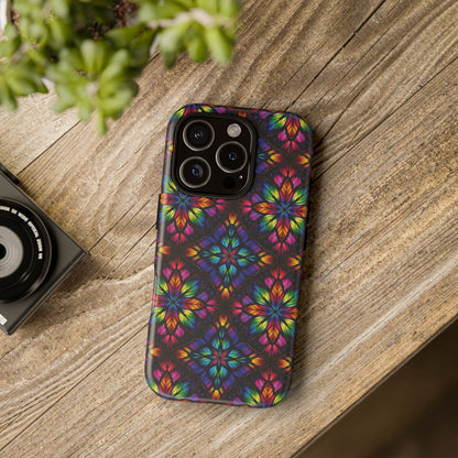 iPhone 16 and 17 - Stained Glass Kaleidoscope Tough Phone Case — Colorful Floral Protective Cover