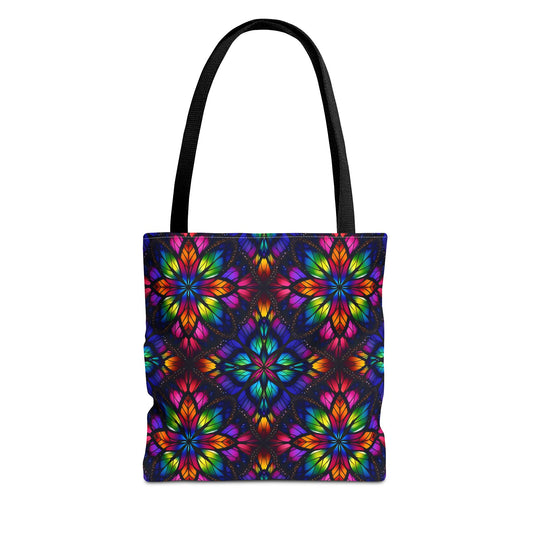 Kaleidoscope Floral Tote Bag — Vibrant Rainbow Boho All-Over Print