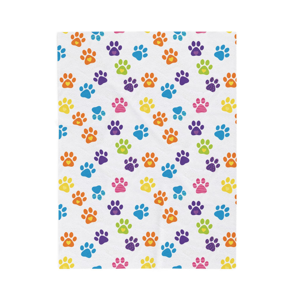 Velveteen Plush Blanket — Colorful Rainbow Paw Print Plush Throw for Pet Lovers
