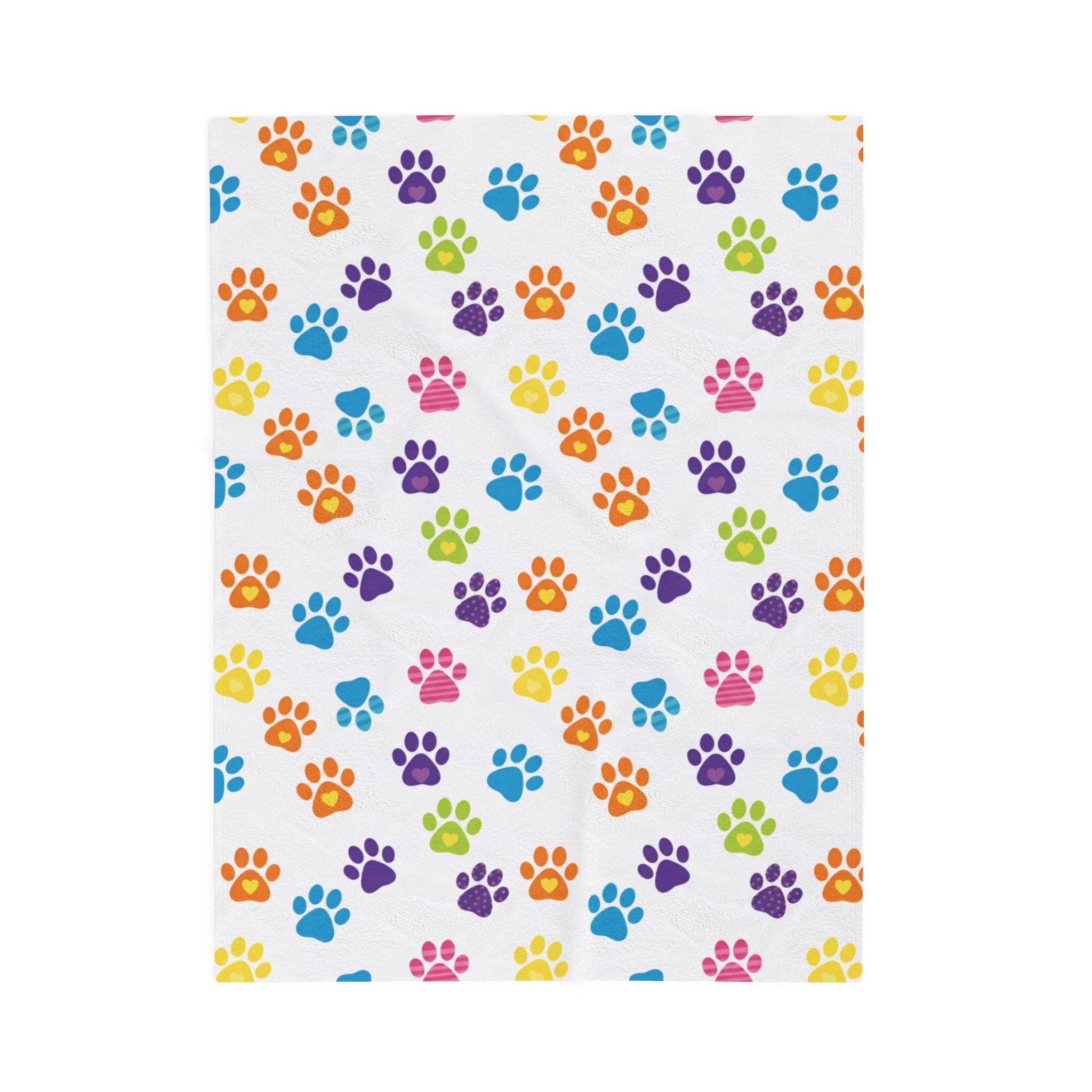 Velveteen Plush Blanket — Colorful Rainbow Paw Print Plush Throw for Pet Lovers