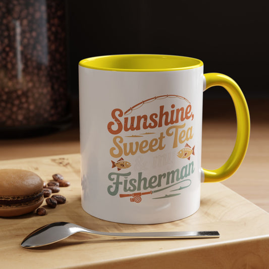 Ceramic Coffee Mug — "Sunshine, Sweet Tea, and my Fisherman" Retro Fishing Accent Mug