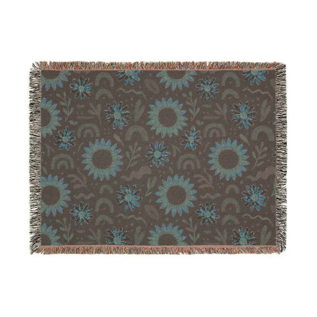 Boho Sunflower Woven Blanket — Retro Floral Throw with Fringe