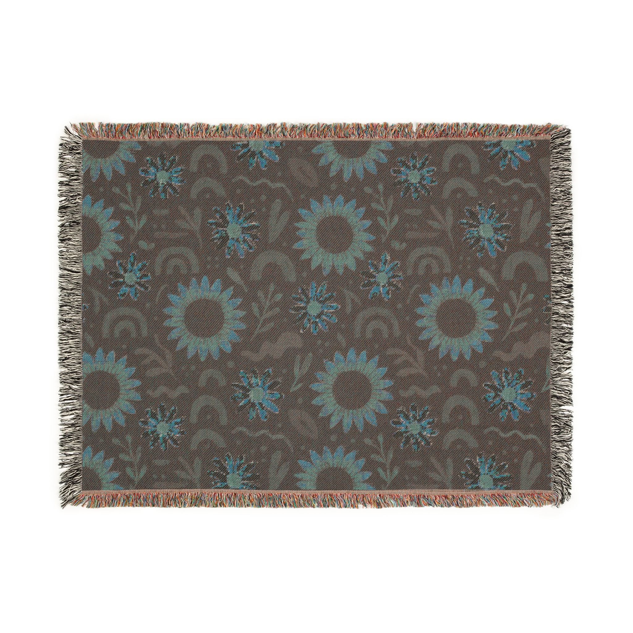 Boho Sunflower Woven Blanket — Retro Floral Throw with Fringe