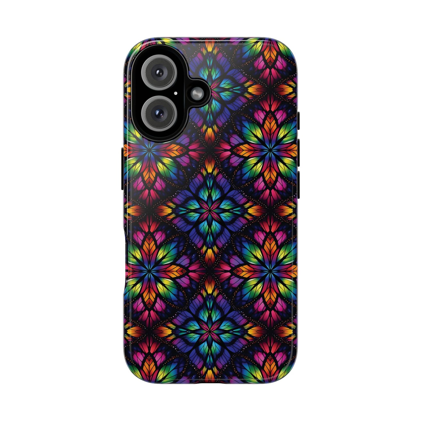 iPhone 16 and 17 - Stained Glass Kaleidoscope Tough Phone Case — Colorful Floral Protective Cover