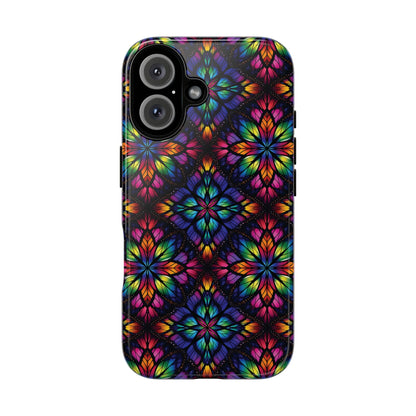 iPhone 16 and 17 - Stained Glass Kaleidoscope Tough Phone Case — Colorful Floral Protective Cover