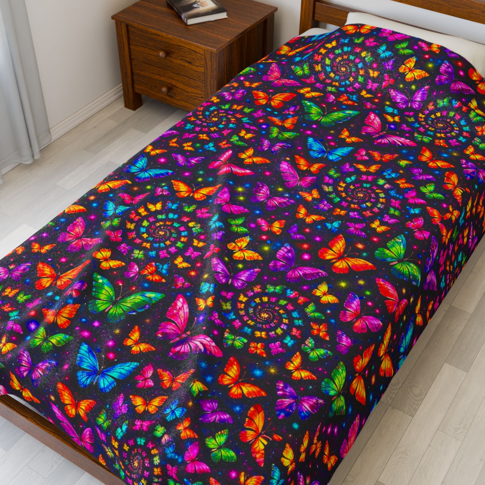 Velveteen Plush Blanket — Neon Rainbow Butterfly Spiral Throw