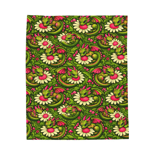 Dragon Velveteen Plush Blanket — Retro Floral Paisley Throw in Green & Pink