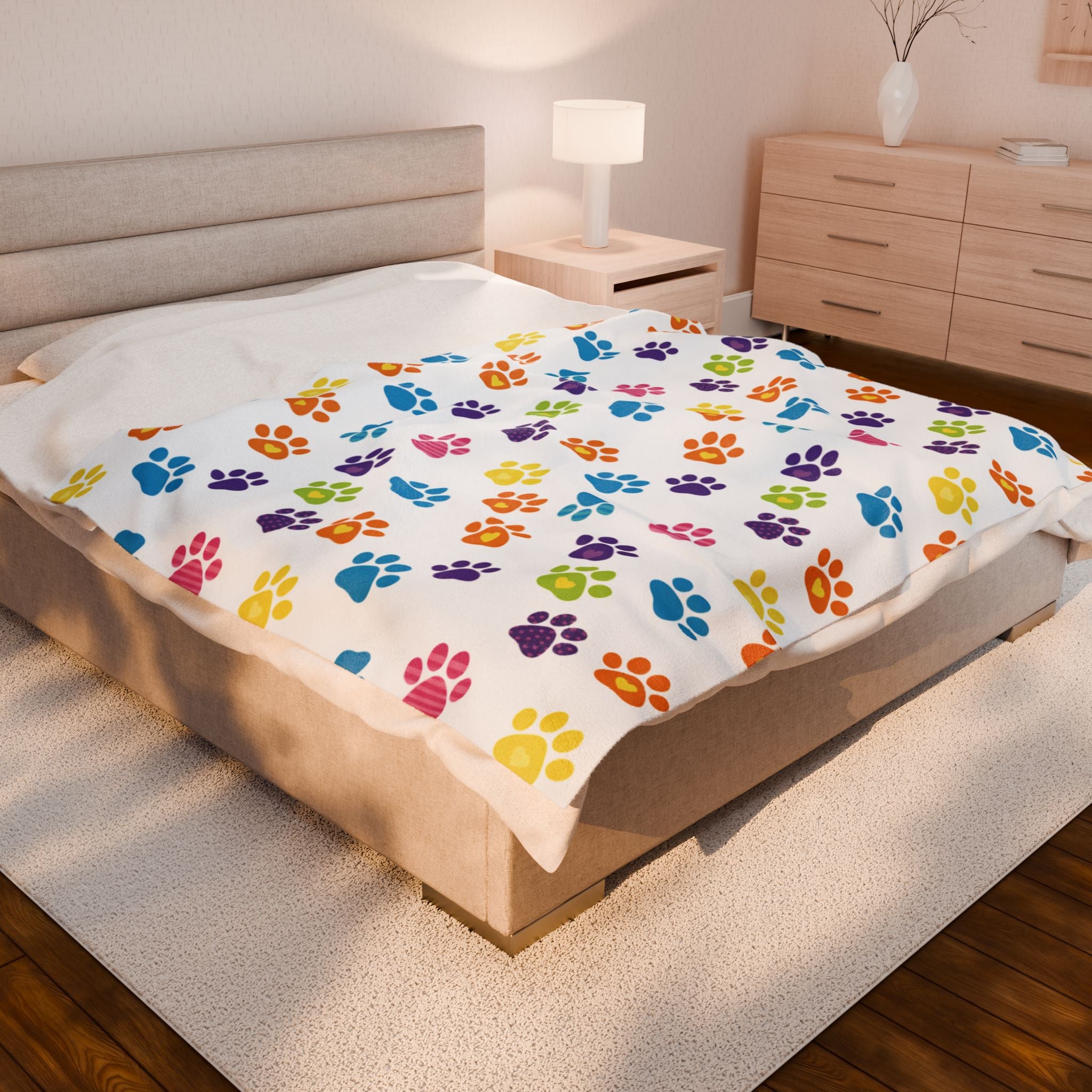 Velveteen Plush Blanket — Colorful Rainbow Paw Print Plush Throw for Pet Lovers