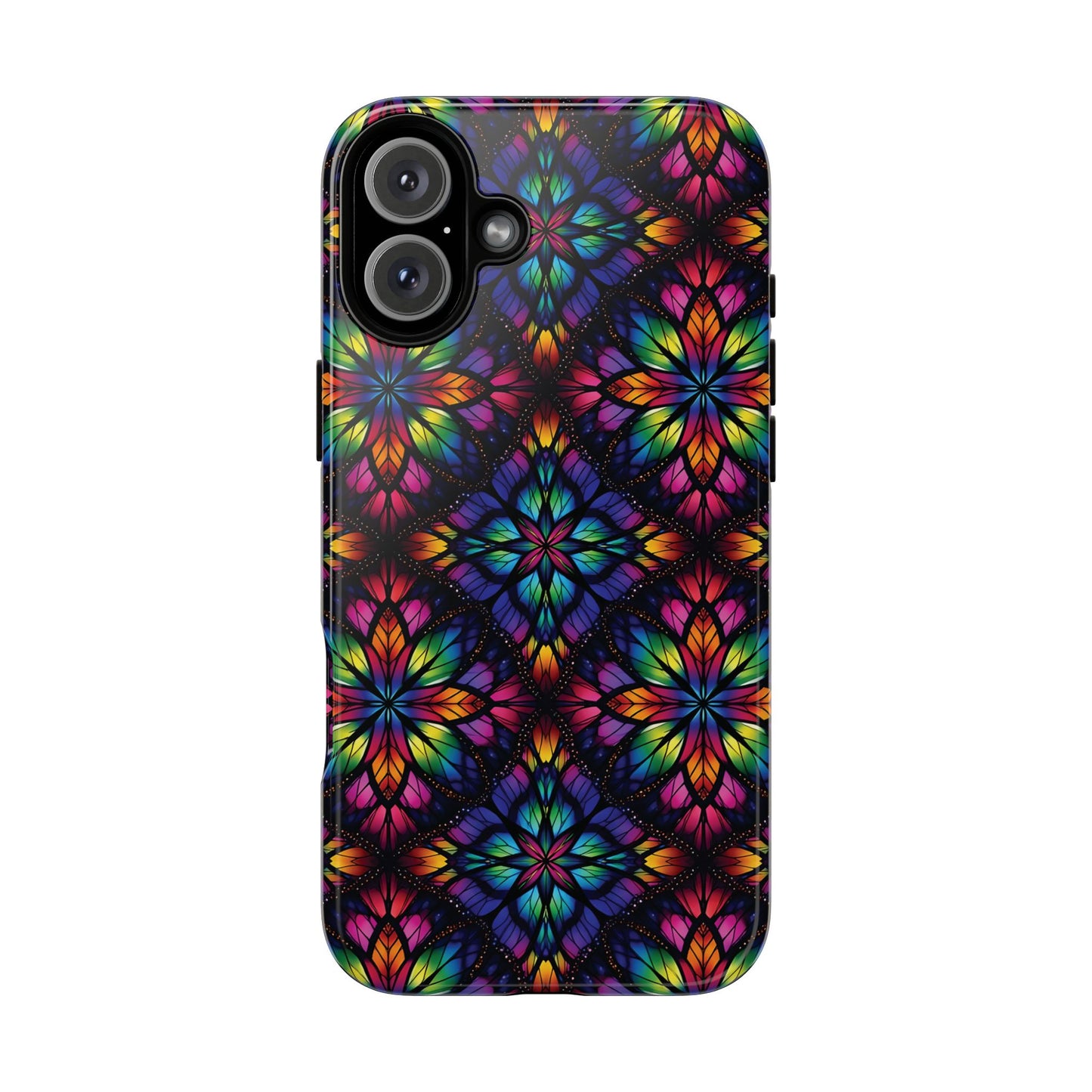 iPhone 16 and 17 - Stained Glass Kaleidoscope Tough Phone Case — Colorful Floral Protective Cover