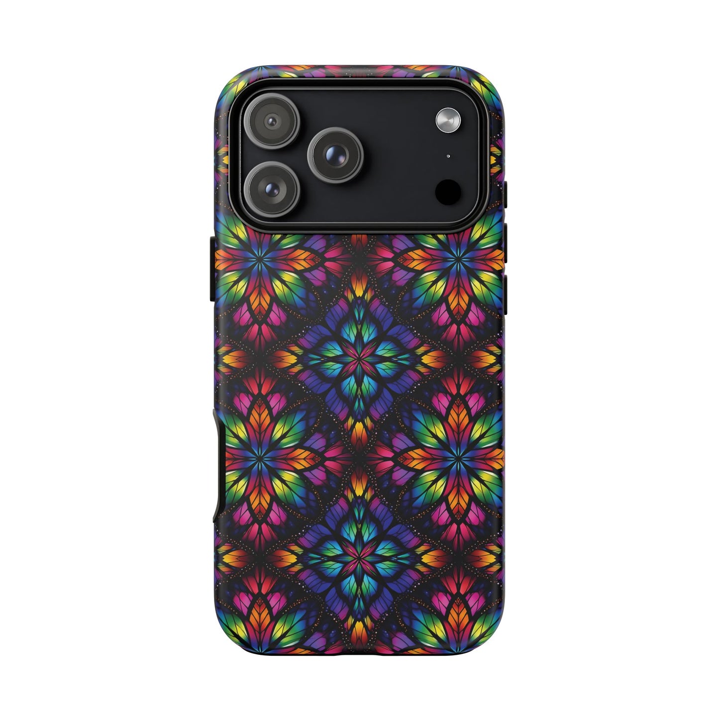 iPhone 16 and 17 - Stained Glass Kaleidoscope Tough Phone Case — Colorful Floral Protective Cover