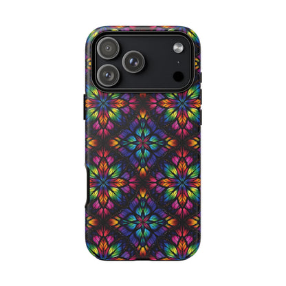 iPhone 16 and 17 - Stained Glass Kaleidoscope Tough Phone Case — Colorful Floral Protective Cover