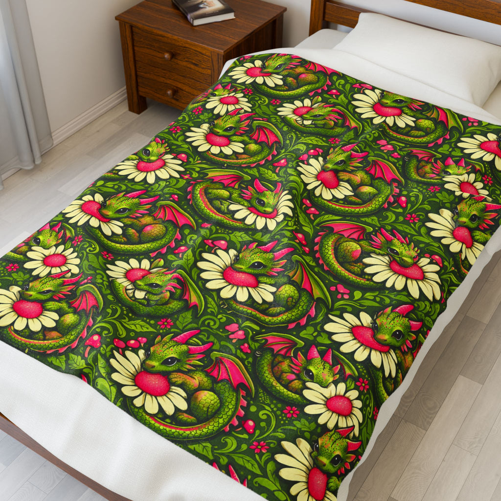 Dragon Velveteen Plush Blanket — Retro Floral Paisley Throw in Green & Pink