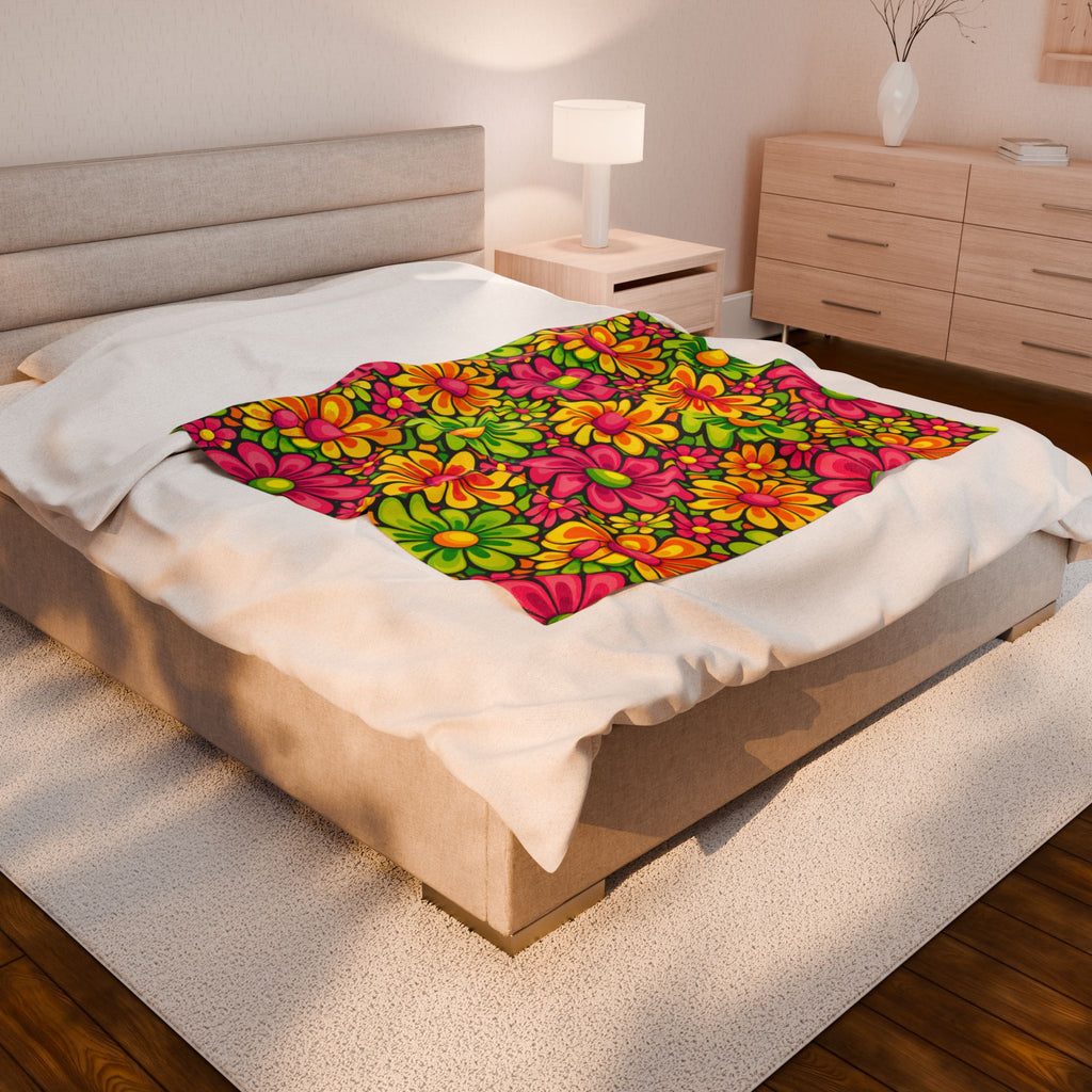 Velveteen Plush Blanket — Retro Neon Floral Daisy Throw