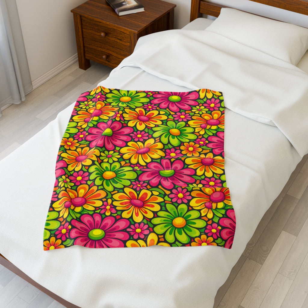 Velveteen Plush Blanket — Retro Neon Floral Daisy Throw
