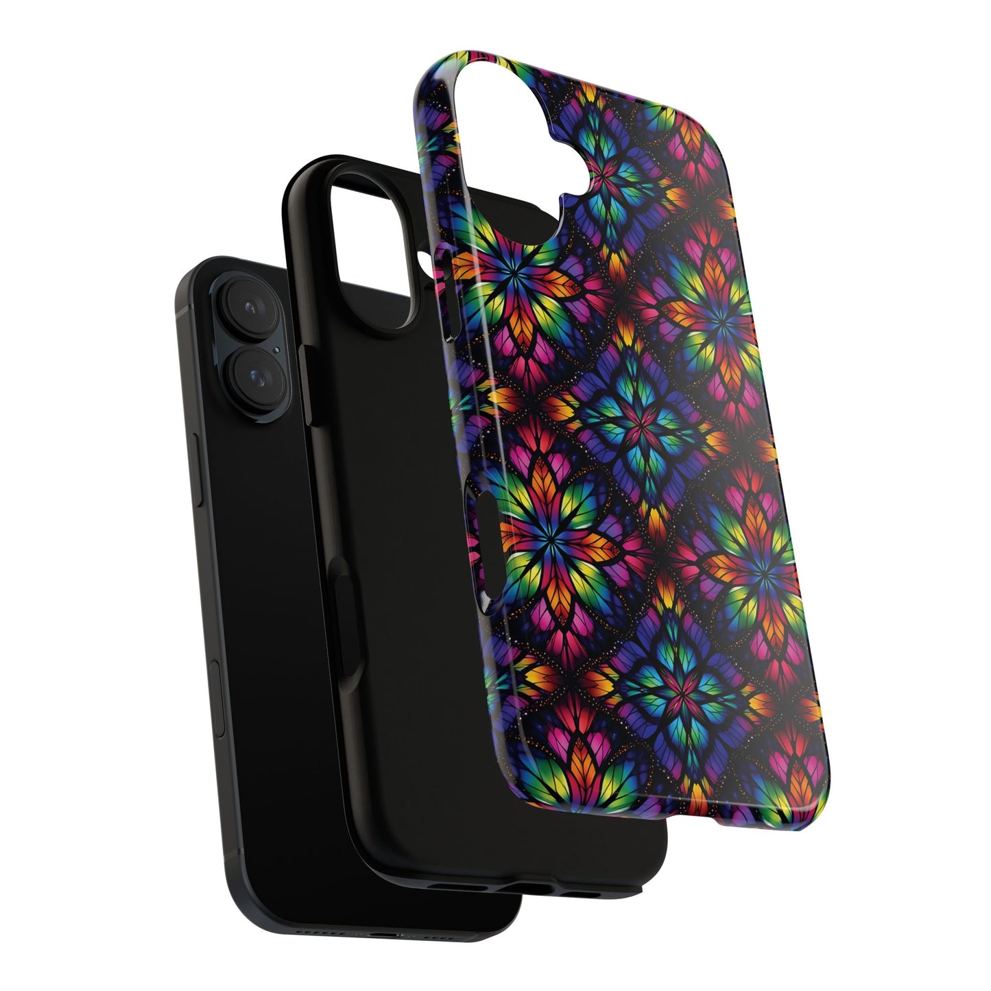 iPhone 16 and 17 - Stained Glass Kaleidoscope Tough Phone Case — Colorful Floral Protective Cover