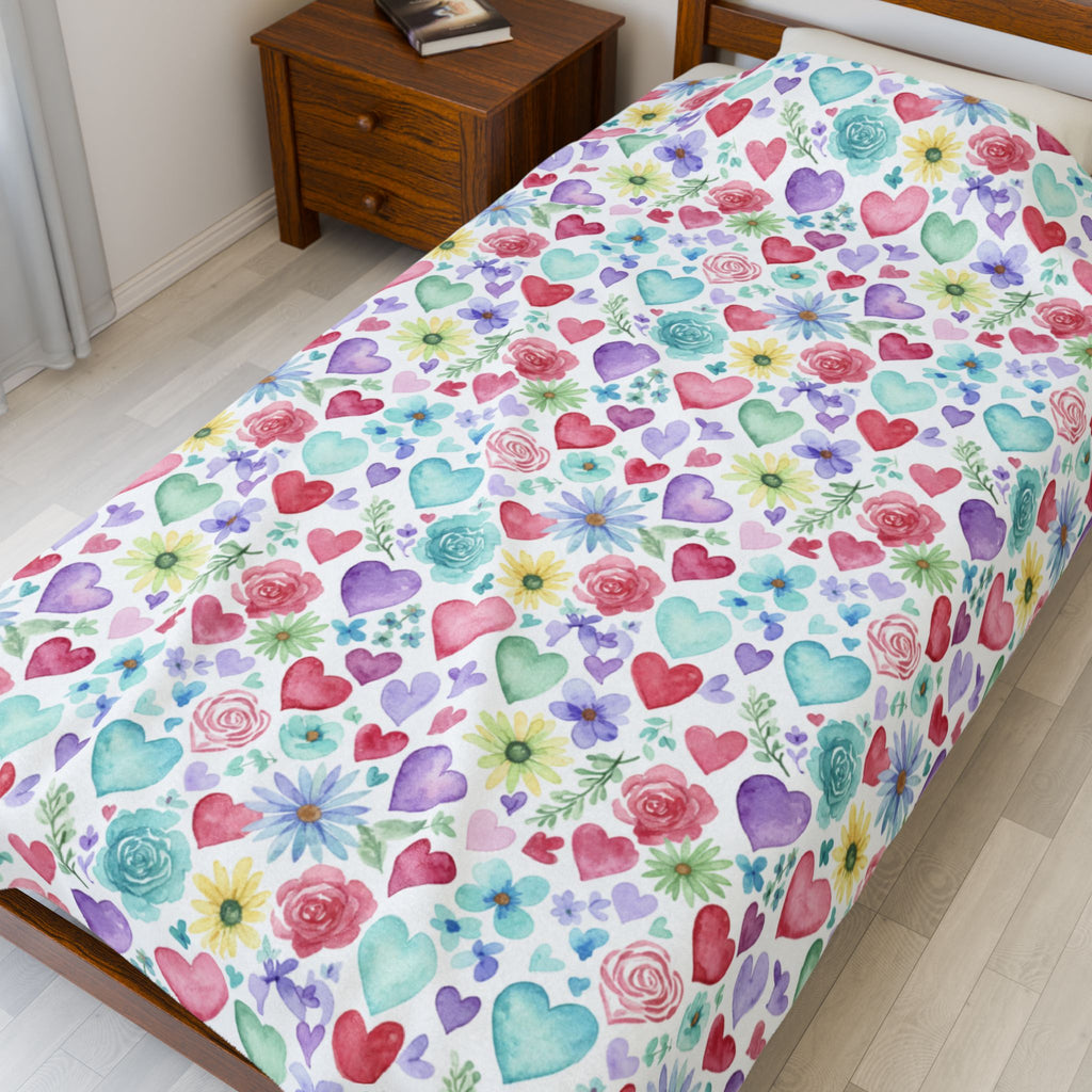 Heart Watercolor Velveteen Plush Blanket — Cozy Pastel Hearts Throw