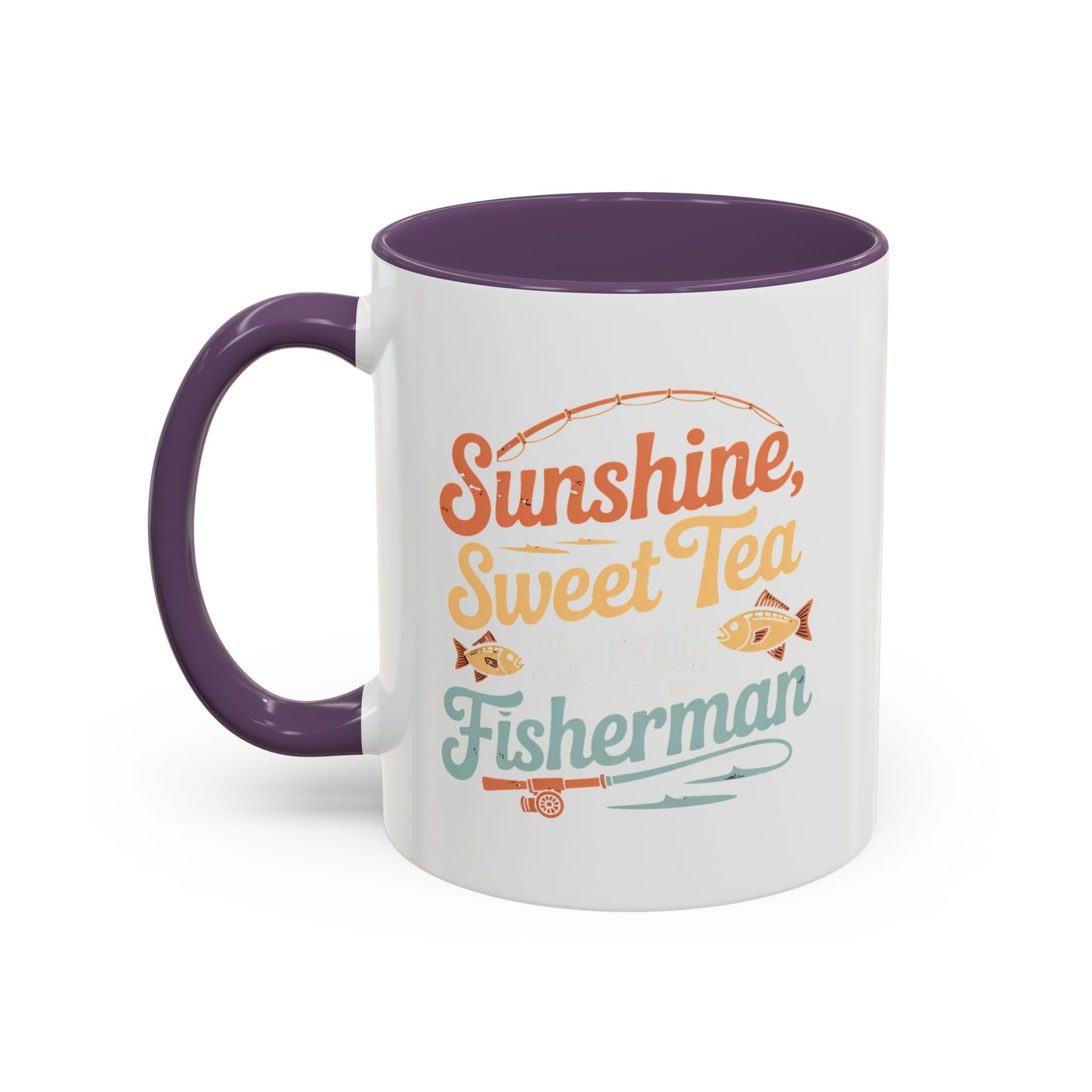 Ceramic Coffee Mug — "Sunshine, Sweet Tea, and my Fisherman" Retro Fishing Accent Mug