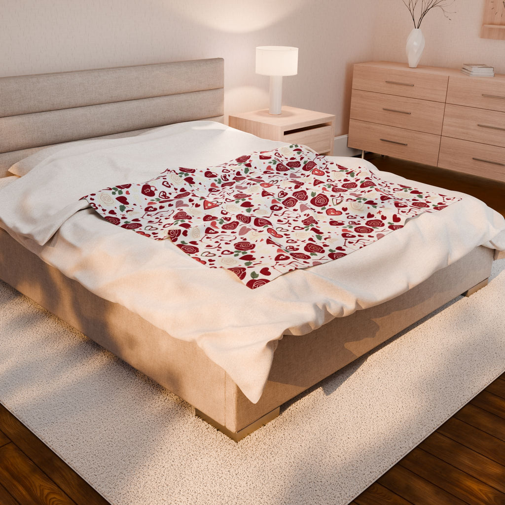 Valentine Rose & Hearts Velveteen Plush Blanket — Cozy Romantic Throw for Valentine's Day