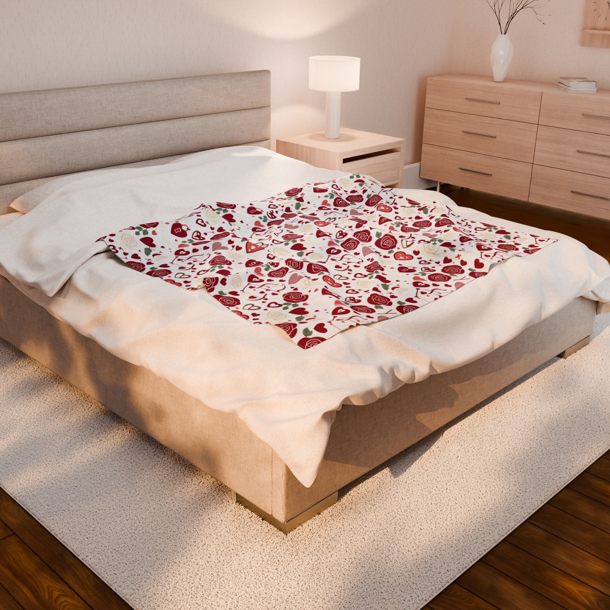 Valentine Rose & Hearts Velveteen Plush Blanket — Cozy Romantic Throw for Valentine's Day