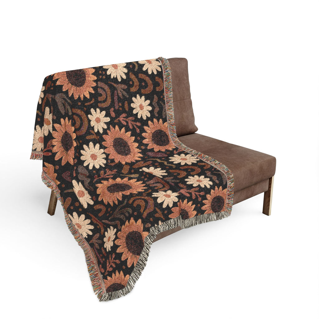 Boho Sunflower Woven Blanket — Retro Floral Throw with Fringe