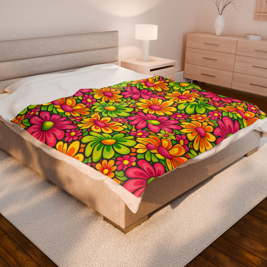 Velveteen Plush Blanket — Retro Neon Floral Daisy Throw