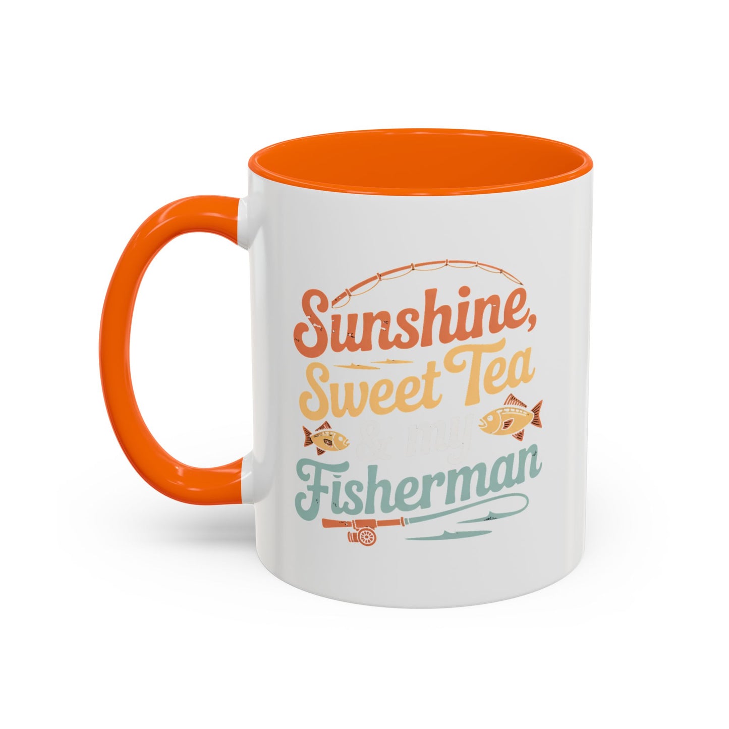 Ceramic Coffee Mug — "Sunshine, Sweet Tea, and my Fisherman" Retro Fishing Accent Mug