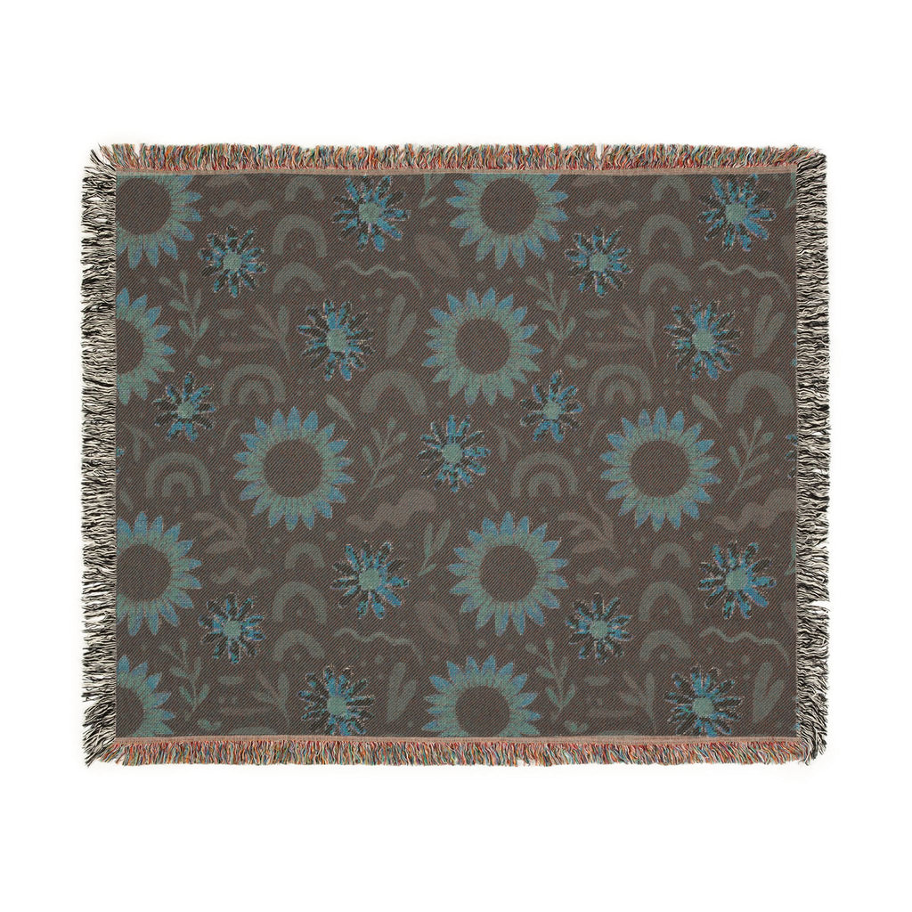 Boho Sunflower Woven Blanket — Retro Floral Throw with Fringe