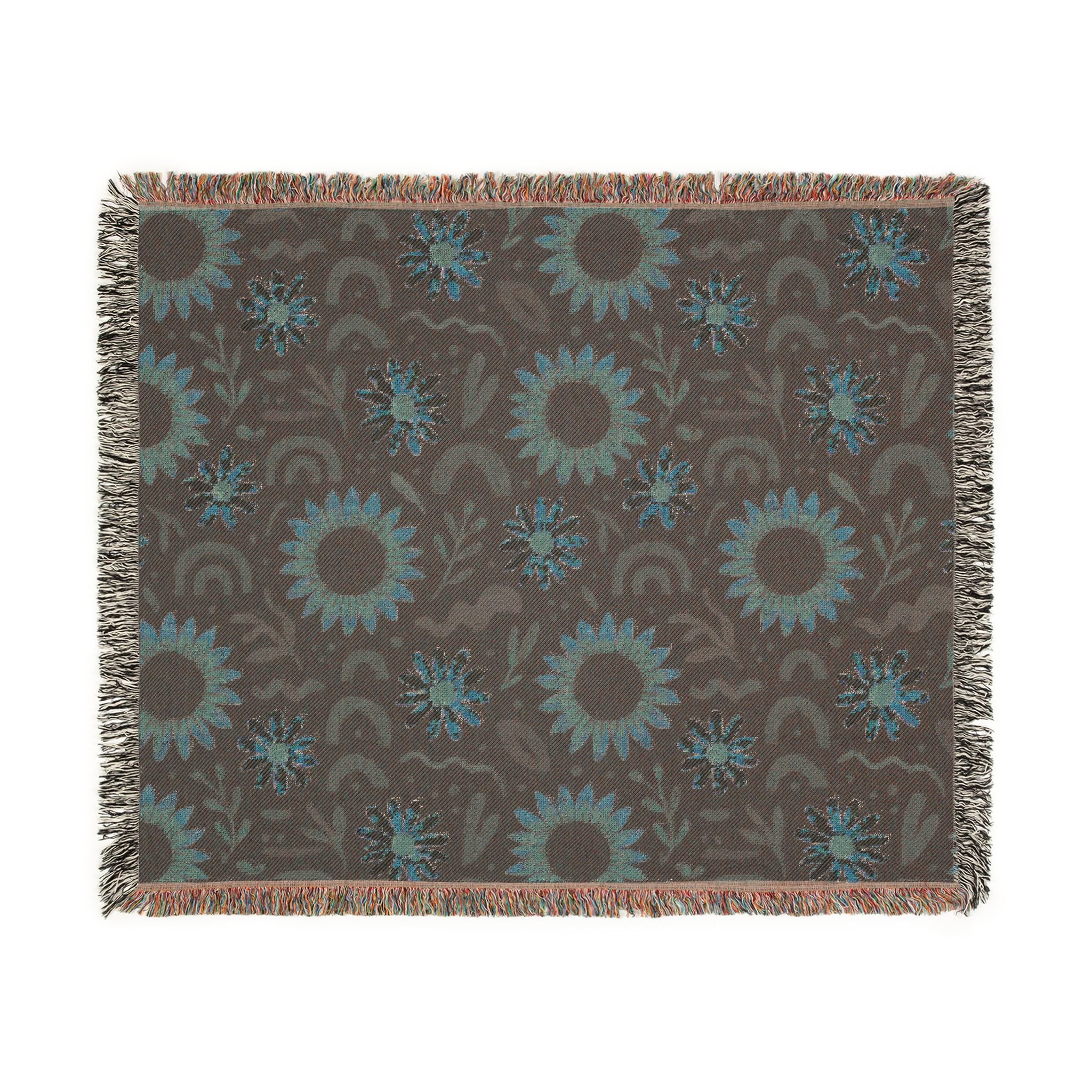 Boho Sunflower Woven Blanket — Retro Floral Throw with Fringe