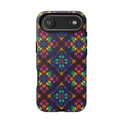 iPhone 16 and 17 - Stained Glass Kaleidoscope Tough Phone Case — Colorful Floral Protective Cover