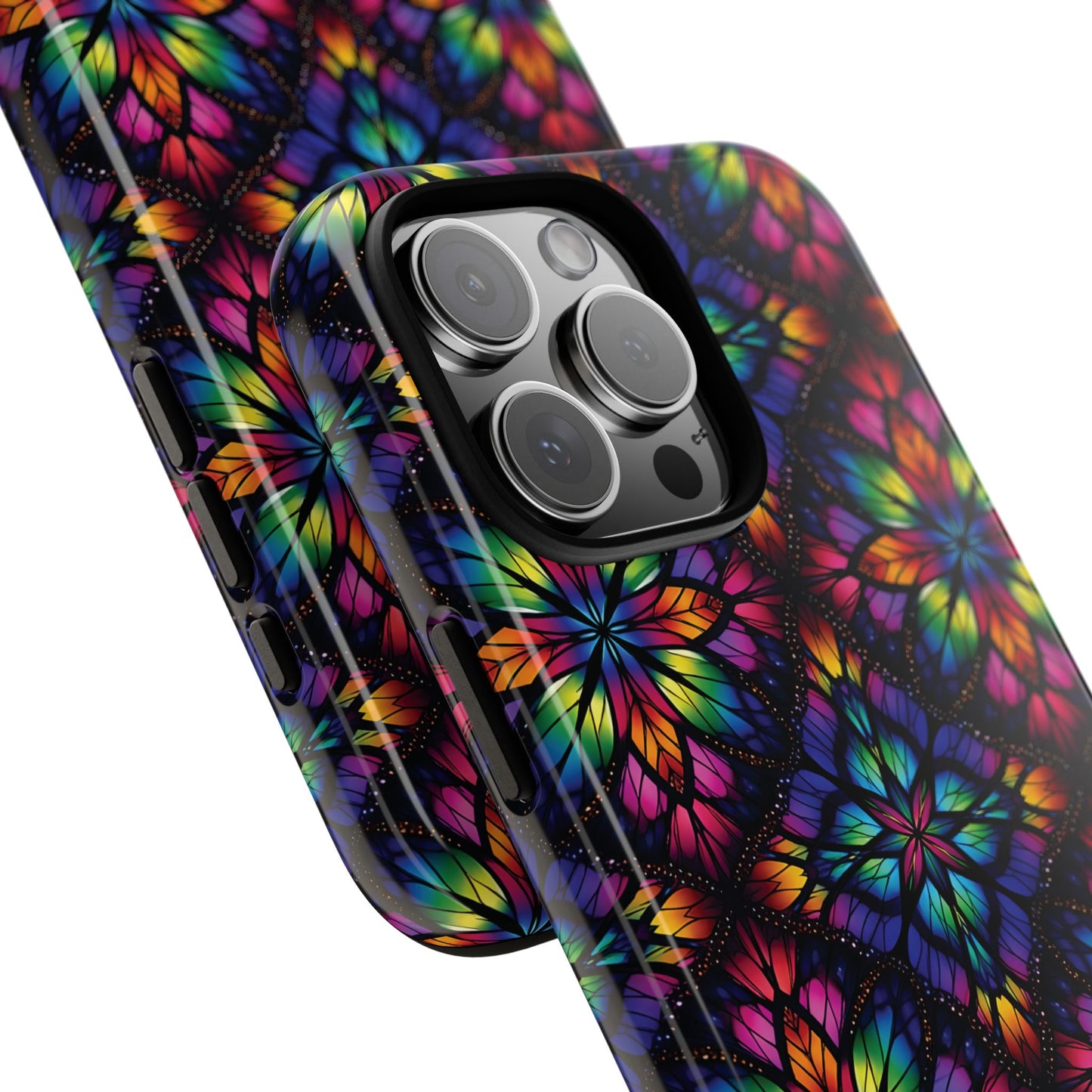 iPhone 16 and 17 - Stained Glass Kaleidoscope Tough Phone Case — Colorful Floral Protective Cover