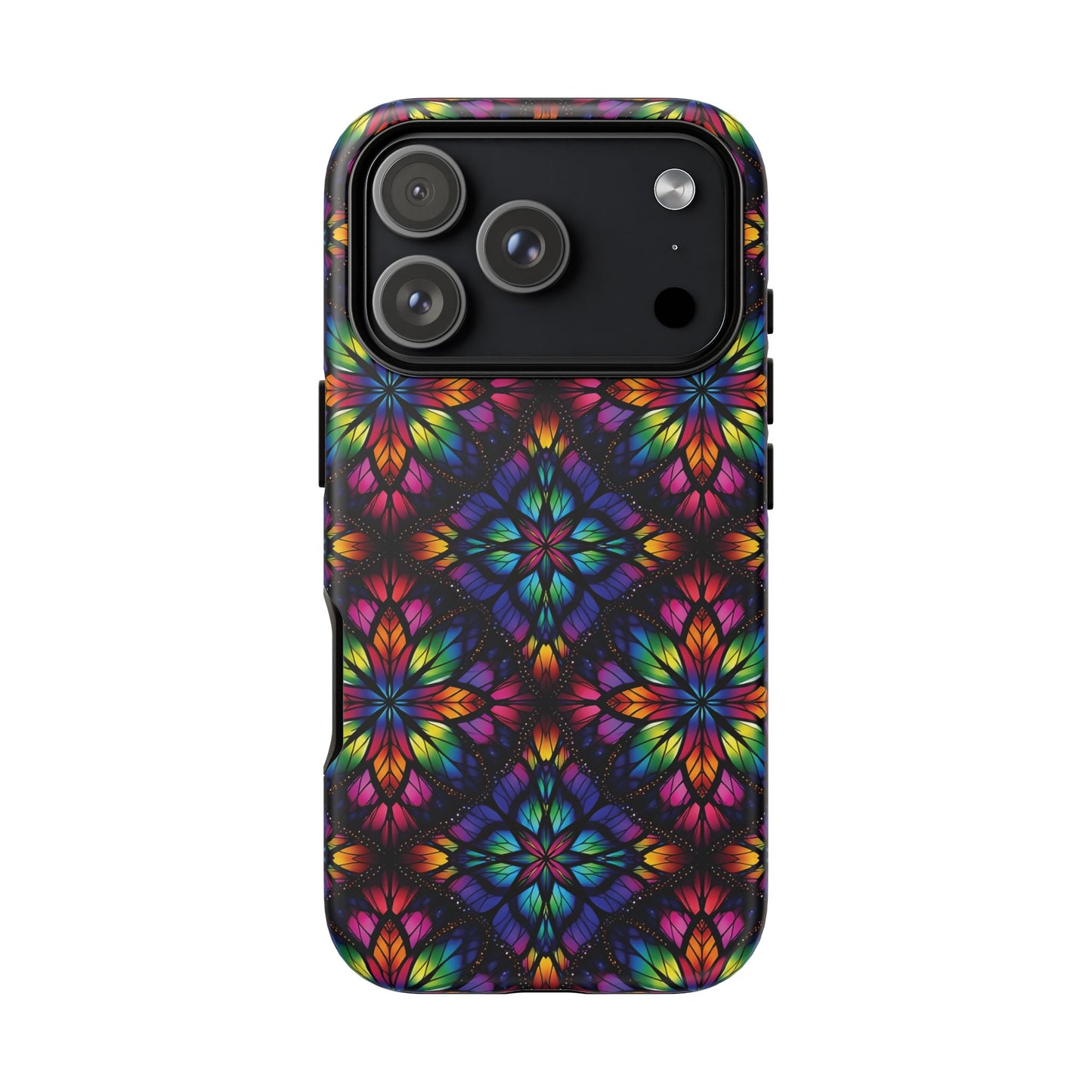 iPhone 16 and 17 - Stained Glass Kaleidoscope Tough Phone Case — Colorful Floral Protective Cover
