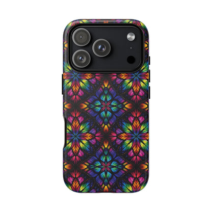 iPhone 16 and 17 - Stained Glass Kaleidoscope Tough Phone Case — Colorful Floral Protective Cover