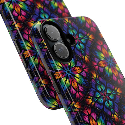 iPhone 16 and 17 - Stained Glass Kaleidoscope Tough Phone Case — Colorful Floral Protective Cover