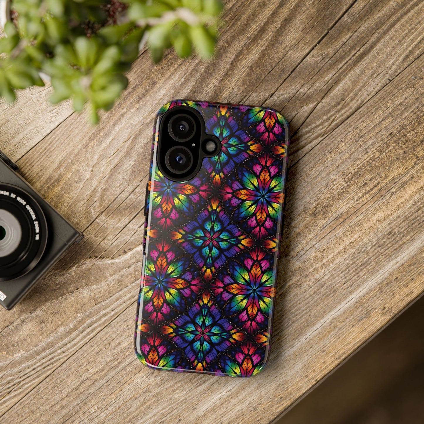 iPhone 16 and 17 - Stained Glass Kaleidoscope Tough Phone Case — Colorful Floral Protective Cover