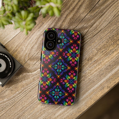 iPhone 16 and 17 - Stained Glass Kaleidoscope Tough Phone Case — Colorful Floral Protective Cover