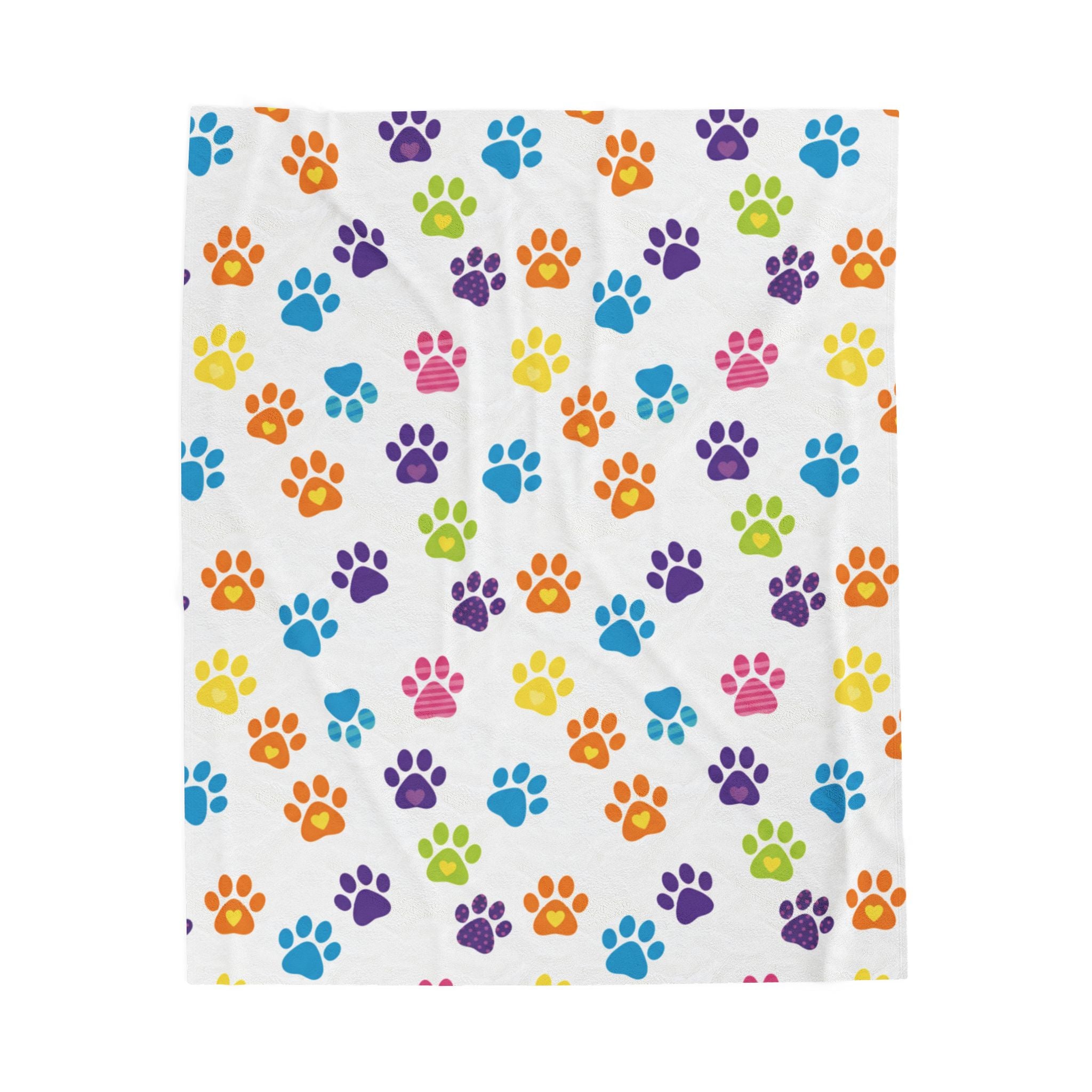 Velveteen Plush Blanket — Colorful Rainbow Paw Print Plush Throw for Pet Lovers