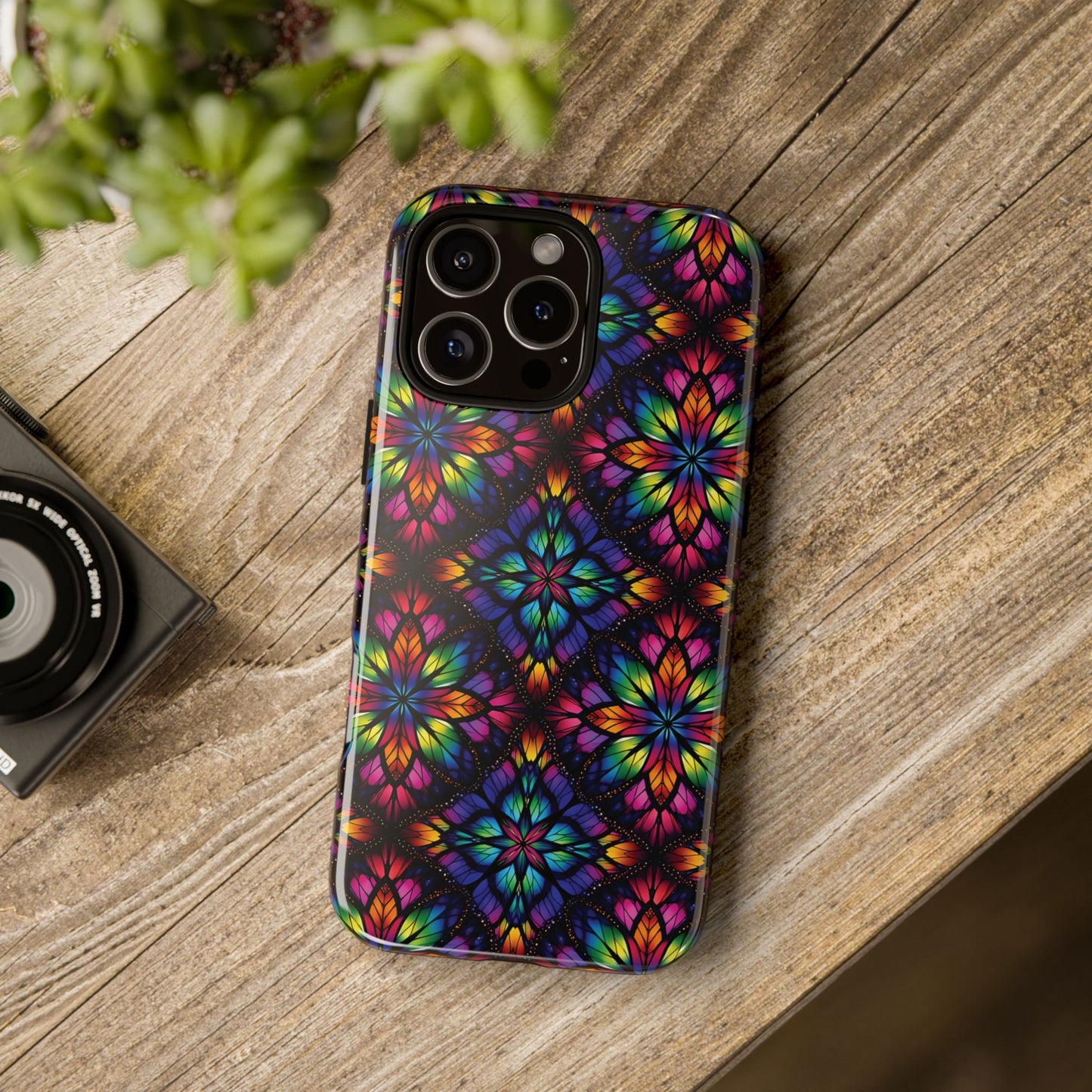 iPhone 16 and 17 - Stained Glass Kaleidoscope Tough Phone Case — Colorful Floral Protective Cover