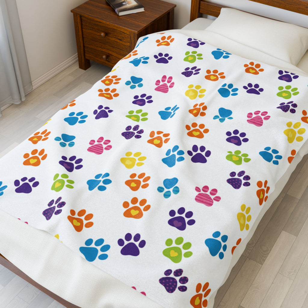 Velveteen Plush Blanket — Colorful Rainbow Paw Print Plush Throw for Pet Lovers