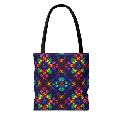 Kaleidoscope Floral Tote Bag — Vibrant Rainbow Boho All-Over Print