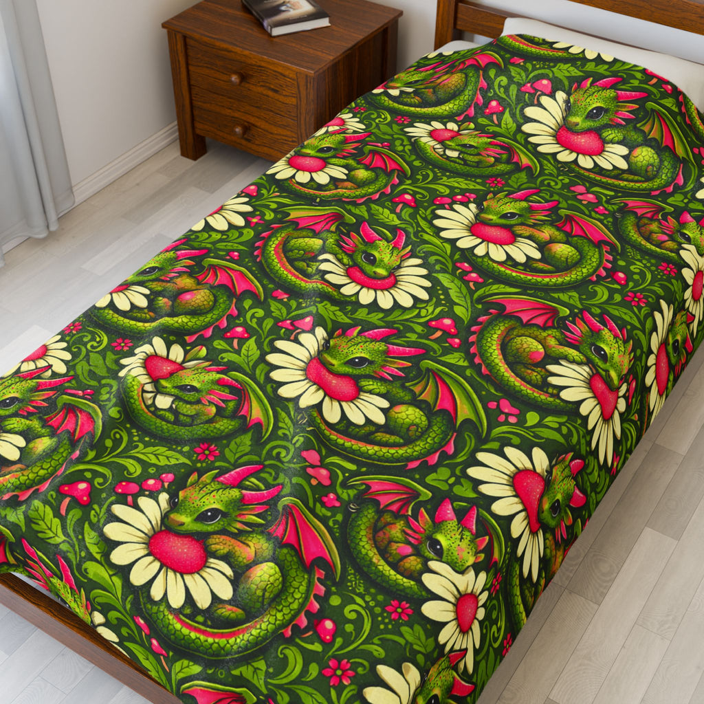 Dragon Velveteen Plush Blanket — Retro Floral Paisley Throw in Green & Pink