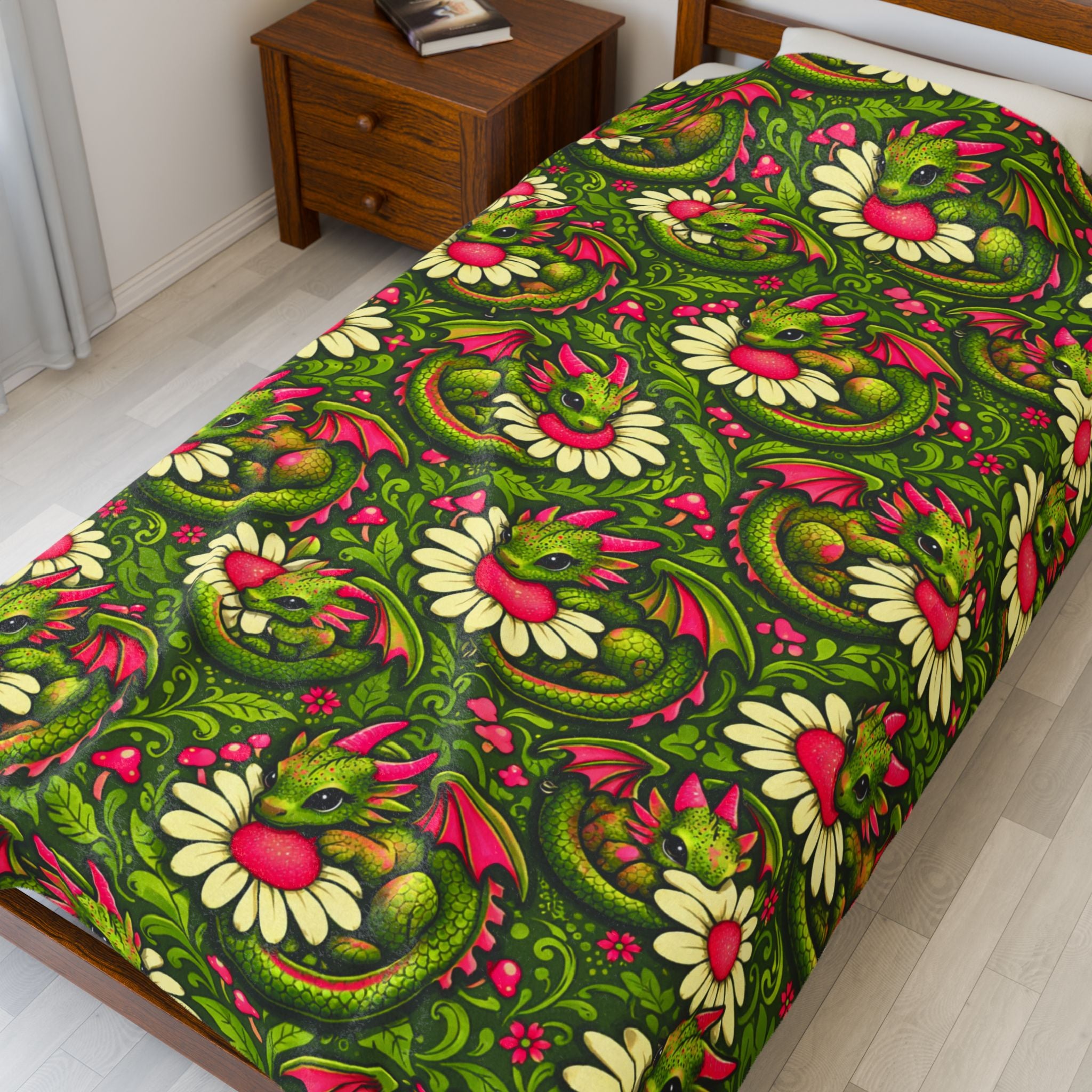 Dragon Velveteen Plush Blanket — Retro Floral Paisley Throw in Green & Pink